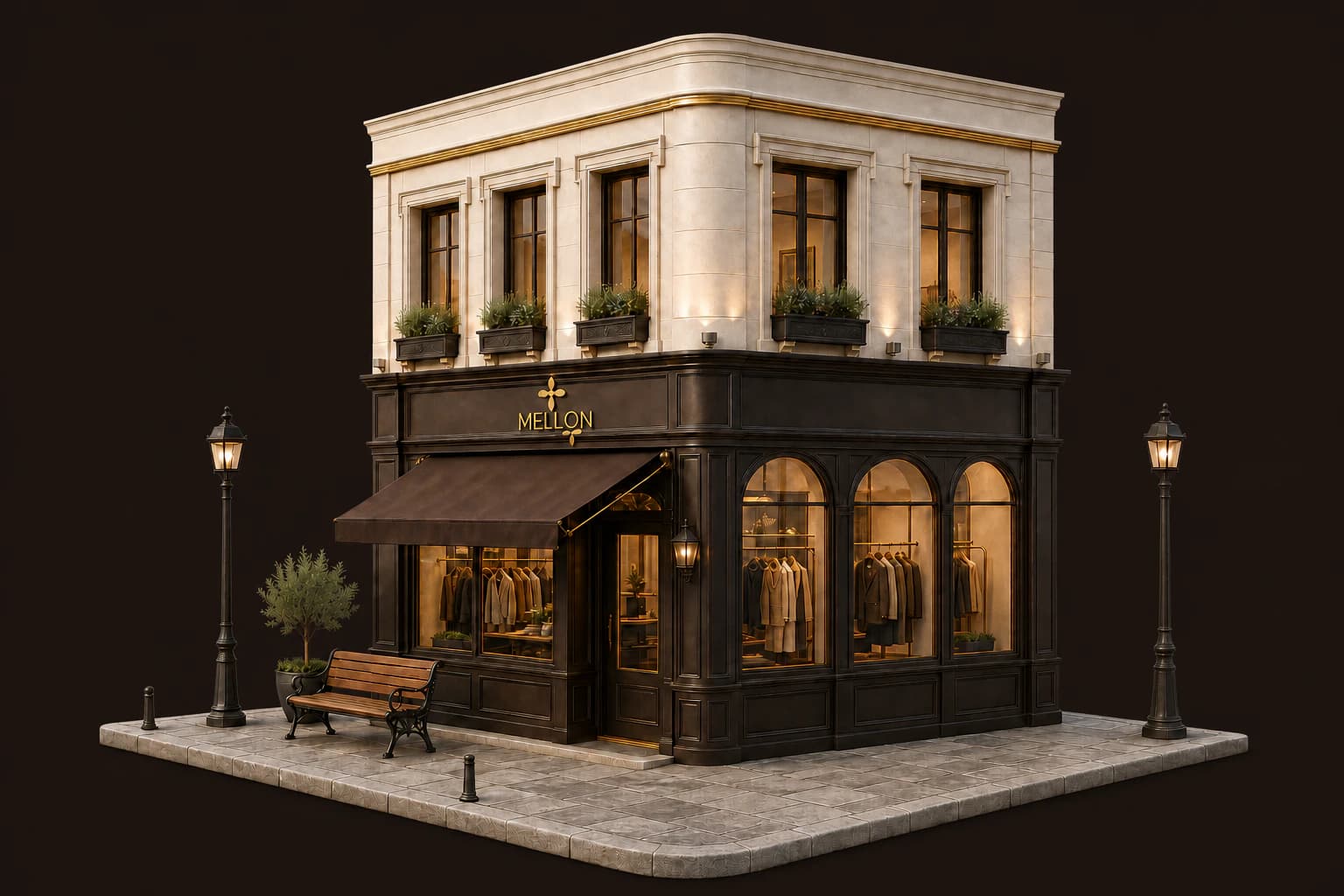 Espresso ve karamel tonlarında tasarlanmış premium MELLON kuru temizleme mağazası