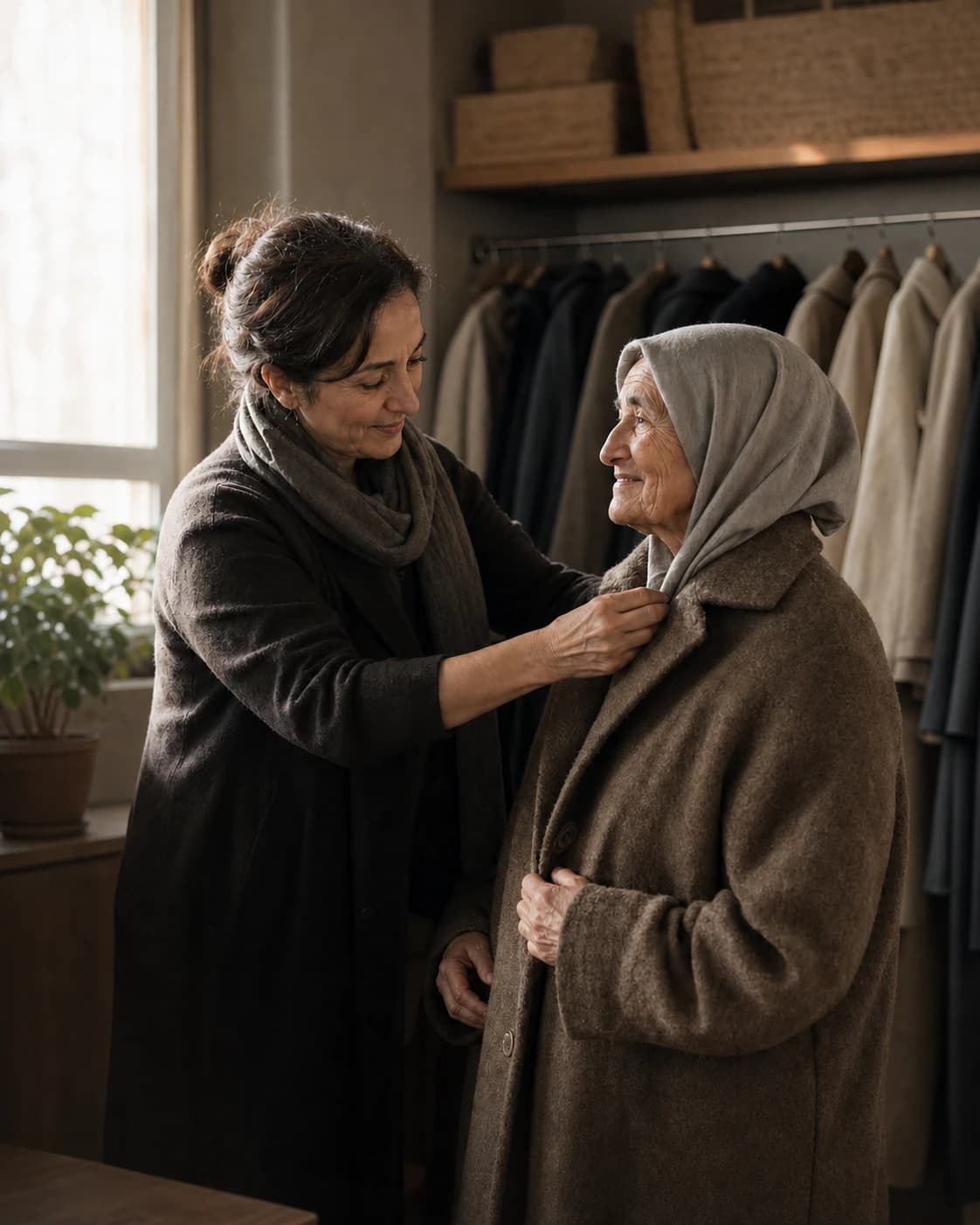 Özenle temizlenmiş bir paltoyu yaşlı bir kadına giydiren gönüllü